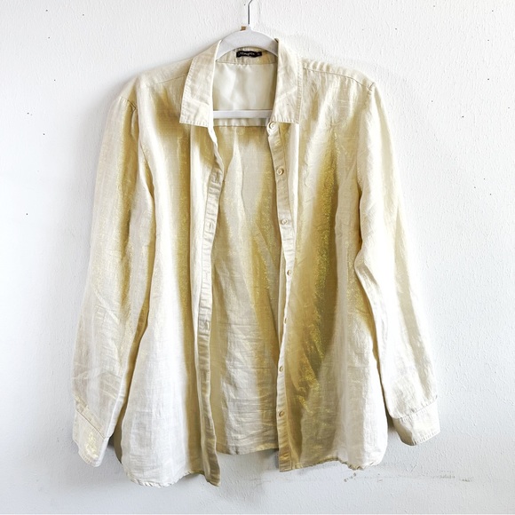 J. McLaughlin Button Up Cream w/ Gold Metallic Long Sleeve Collared Shirt Sz XL - Picture 7 of 16